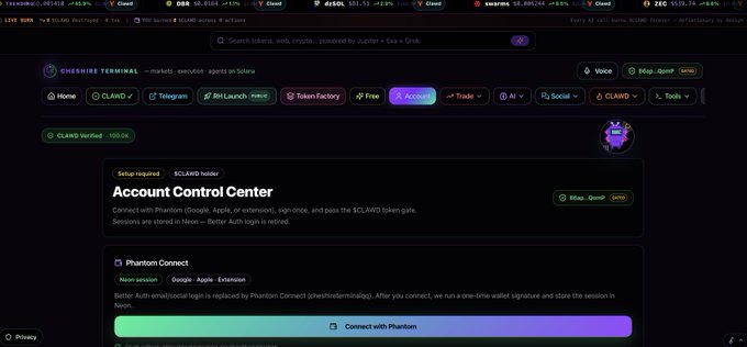 A screenshot of the Clawd Terminal website displaying an 'Account Control Center' that requires users to connect with Phantom wallet and pass the $CLAWD token gate to gain access.