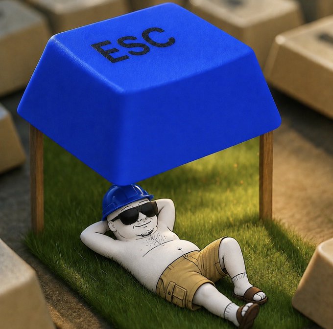 A cartoon construction worker in a hard hat and sunglasses relaxes on the grass beneath a giant blue "ESC" key, whimsically illustrating the post's humorous code urging viewers to escape their screens and "touch grass" by Friday.

Worker's text: "ESC"