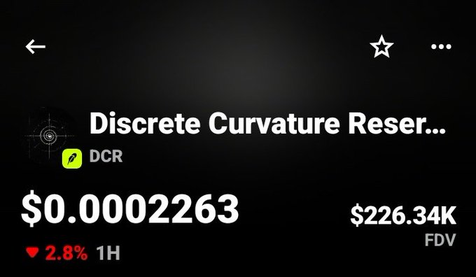 A cryptocurrency tracking app screen displaying 'Discrete Curvature Reser...' (DCR) priced at $0.0002263 with a $226.34K FDV, showing a 2.8% decrease over 1 hour.
