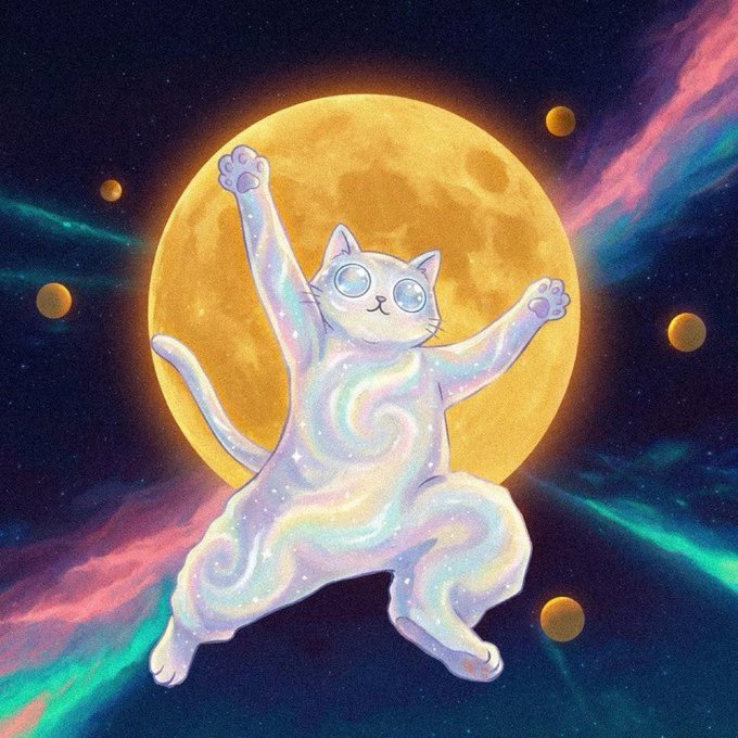 A glowing, iridescent cosmic cat stretches joyfully against a large yellow moon, surrounded by swirling teal and pink nebulae and smaller orbs. The image visualizes the post's playful claim "THE $MOON IS OURS" by depicting a celestial feline claiming the moon as its own.
