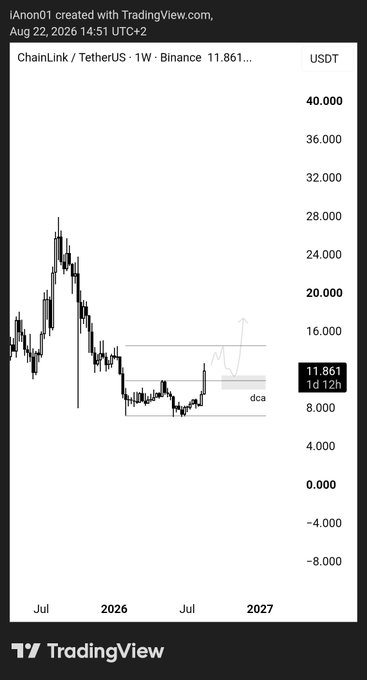 A TradingView weekly chart of Chainlink/TetherUS ($LINK) on Binance shows price action hovering near $11.861 within a consolidation zone labeled "dca," with a hand-drawn arrow projecting a potential breakout toward higher levels. The caption emphasizes accumulating LINK at current levels in anticipation of bullish targets, aligning with the post's $300 forecast by 2030.