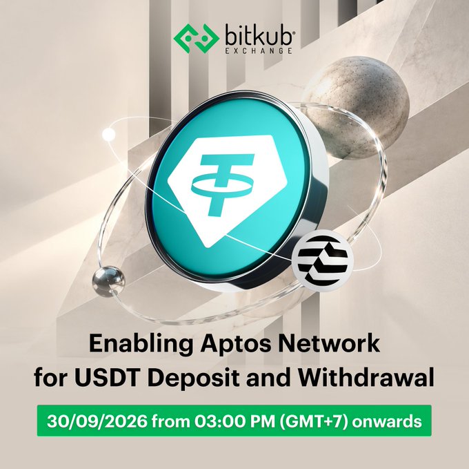 The image is a Bitkub Exchange announcement graphic featuring a large USDT (Tether) coin alongside an Aptos logo and sphere on an orbital ring design. Text reads "Enabling Aptos Network for USDT Deposit and Withdrawal," effective "30/09/2026 from 03:00 PM (GMT+7) onwards," visually promoting the addition of the Aptos Network as a new option for USDT transactions on the exchange.