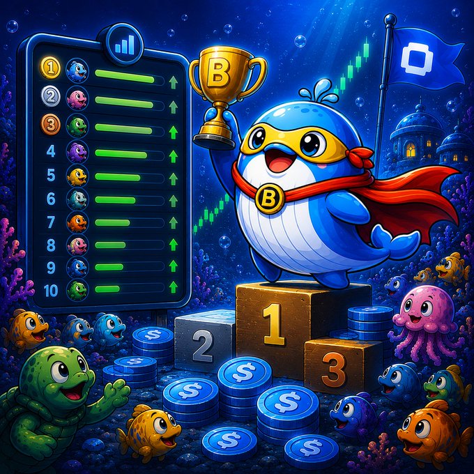 Colorful digital illustration of a blue superhero whale wearing a 'B' medallion and red cape, holding a gold trophy on a winner's podium (#1, #2, #3) surrounded by coin stacks and sea creatures, with a leaderboard on the left.