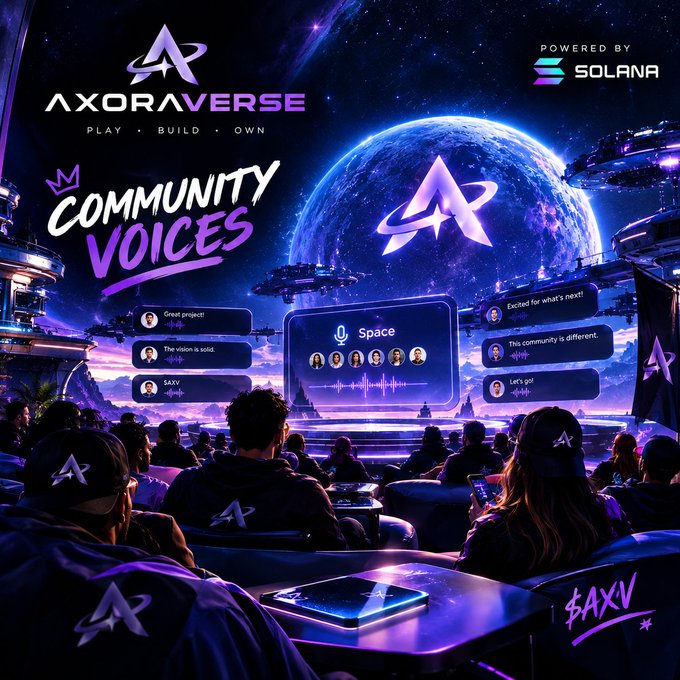 A promotional graphic for 'AXORAVERSE' powered by Solana, displaying 'COMMUNITY VOICES', a space audio interface, and an audience wearing branded hoodies watching a presentation.