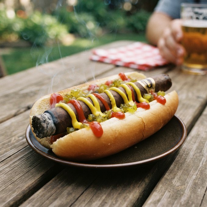 A hot dog served on a wooden outdoor table, featuring a sausage topped with ketchup, mustard, and relish, with a glass of beer visible in the background.