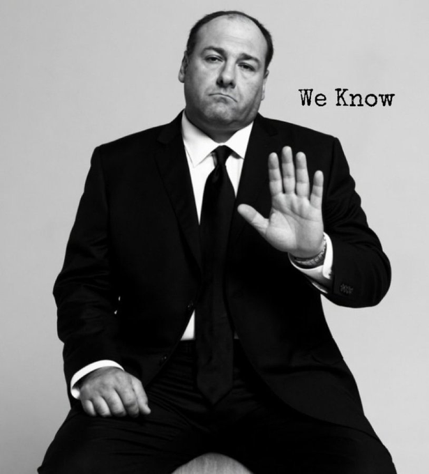 A black-and-white image of Tony Soprano from The Sopranos holding up his hand in a stop gesture, with the text 'We Know' displayed beside him.