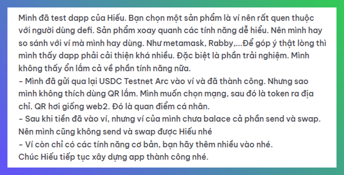 Vietnamese text providing feedback on a cryptocurrency wallet app called 'Hiếu', comparing it to Metamask and Rabby, noting successful Testnet transaction but issues with mainnet and missing features.