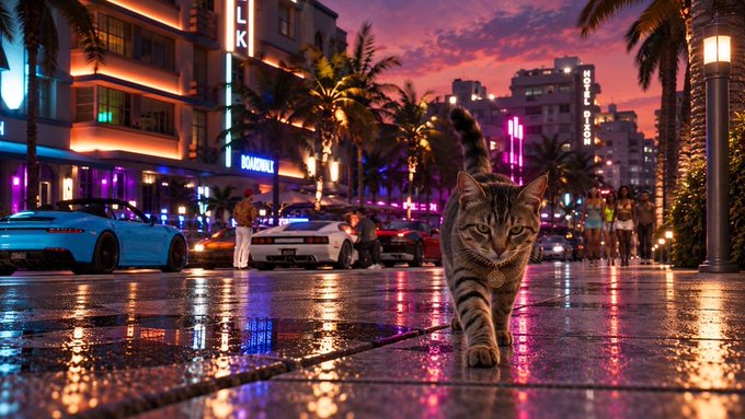 A digitally rendered scene of a tabby cat wearing a gold medallion walking through a wet, neon-lit city street at sunset, with palm trees, sports cars (including a blue and white one), and buildings with neon signs like "LK" and "DAIDALA".