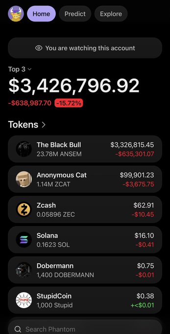 A Phantom wallet interface displays a portfolio valued at $3,426,796.92, down 15.72% (-$638,987.70), with the top holding being "The Black Bull" at $3,326,815.45 worth of 23.78M ANSEM tokens, followed by smaller positions in Anonymous Cat (ZCAT), Zcash (ZEC), Solana (SOL), Dobermann, and StupidCoin. The image illustrates the post's claim about a top $ANSEM buying wallet that has held through significant losses without selling, exemplifying "diamond hands" conviction despite being down millions.
