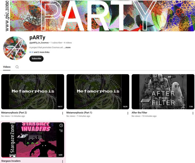 A YouTube channel page for pARTy (@pARTy_in_Cosmos) featuring cosmic artwork in the banner and four video thumbnails titled 'Metamorphosis (Part 2)', 'Metamorphosis (Part 1)', 'After the Filter', and 'Stargaze Invaders'.
