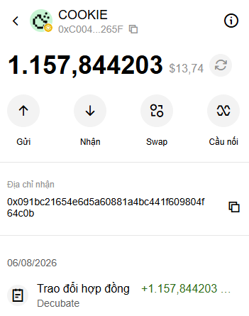 A mobile app screen showing a 'COOKIE' token wallet with a balance of 1.157,844203 ($13.74), displaying Send, Receive, Swap, and Bridge options with a Vietnamese interface.