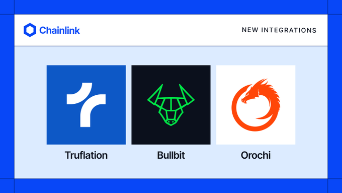 A Chainlink announcement graphic highlighting three new integrations—Truflation (DataLink), Bullbit (Data Streams), and Orochi (CCIP)—with their respective logos displayed beneath the Chainlink header and "NEW INTEGRATIONS" label.