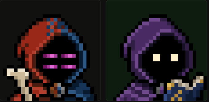 Two pixel-art character portraits side by side: a hooded figure in red and blue with purple slit eyes, and a hooded figure in purple with glowing yellow eyes.