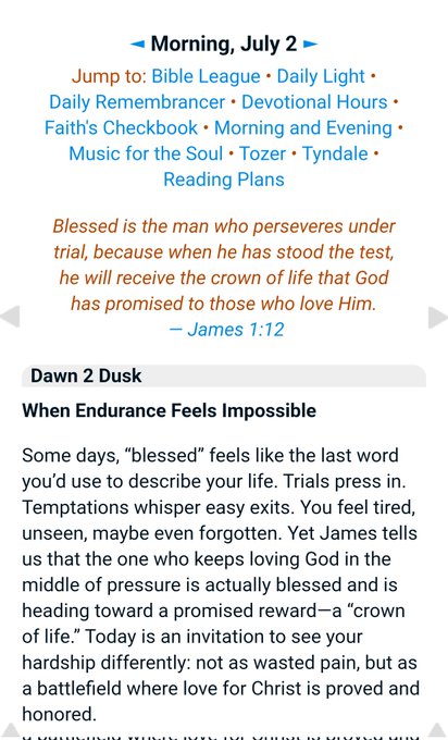Daily devotional webpage titled 'Morning, July 2' featuring a Bible verse from James 1:12 and a reflection titled 'When Endurance Feels Impossible.'