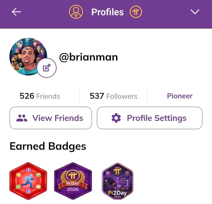 A mobile app screenshot of a 'Profiles' page for user @brianman, showing 526 Friends, 537 Followers, a 'Pioneer' rank, and three earned badges including 'Pi DAY 2026'.