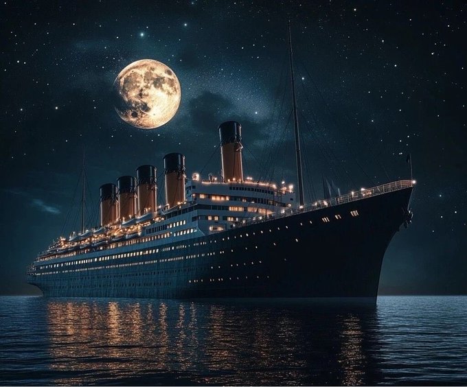 A large ocean liner with multiple smokestacks glides through calm waters under a full moon and starry night sky, illuminated by warm glowing windows.