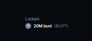 The image shows a locked status for 20M $BUNI tokens ($5,077) on a dashboard, confirming the token lockup referenced in the post about securing the dev supply for the BUNI token.
