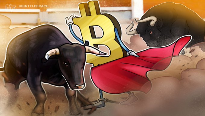 A Cointelegraph illustration showing a Bitcoin character dressed as a matador facing a charging black bull in a bullfighting arena.
