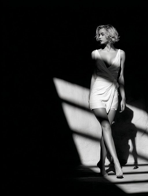 A black-and-white fashion photograph of a woman in a white draped dress posing against a dark background with geometric shadows.