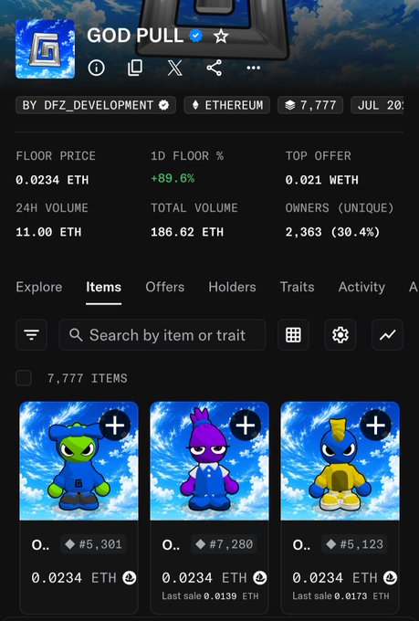 A screenshot shows an NFT collection named 'GOD PULL' by DFZ_DEVELOPMENT on Ethereum, featuring cartoon alien characters with a 1D floor increase of +89.6% and a floor price of 0.0234 ETH.