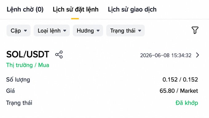 The image shows a screenshot of an online trading platform where the main focus is on the "Sol" symbol, which stands for 'SOL USDT'. The post talks about a particular instance of someone selling their shares at market price. It appears that this information has been posted on a screen in Vietnamese, with the context described in various languages such as English and Chinese.