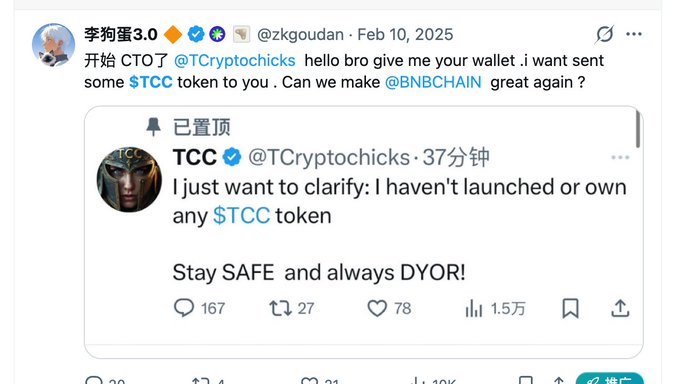 A Twitter/X post by '李狗狗3.0 @zkgoudan' on Feb 10, 2025, quoting TCryptochicks (@TCryptochicks) who clarified they haven't launched any $TCC token and warned to 'Stay SAFE and always DYOR!'.