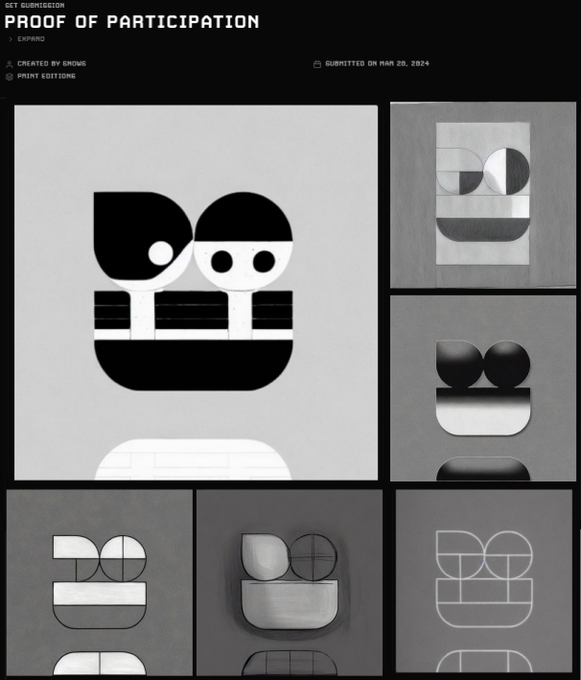 A grid layout titled 'PROOF OF PARTICIPATION' displaying various black, white, and grayscale geometric icon variations, with text indicating 'CREATED BY GNOMES' and 'SUBMITTED ON MAR 20, 2024'.