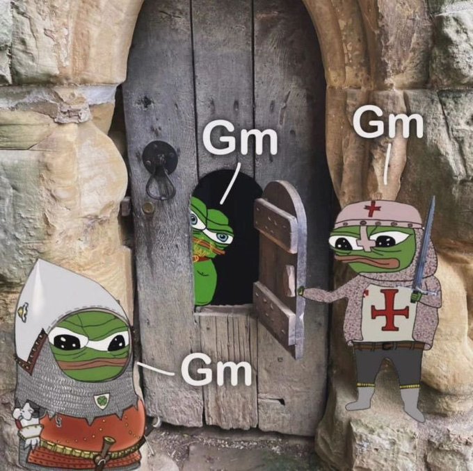 A meme featuring Pepe the Frog characters; one in a knight's helmet, one peeking out of a wooden door, and one as a Templar knight, all saying 'Gm' (Good morning).