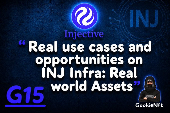 The image features a person wearing a black hoodie with their arms crossed, standing against a blue background that has white text. The text appears to be about real use cases of Injective infra. Real World Assets (RWAs) are becoming one of the most talked-about areas in Blockchain technology. This part is going to be interesting.