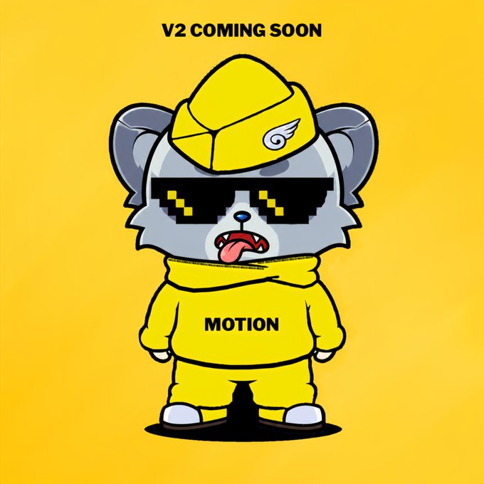 A cartoon character wearing pixelated sunglasses and a yellow outfit labeled "MOTION" with "V2 COMING SOON" text on a yellow background.