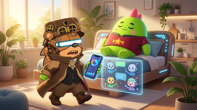 An anime-style illustration of a character in a steampunk hat and goggles holding a phone, standing next to a green blob-like creature wearing a red star shirt on a bed with a holographic display of cute characters.