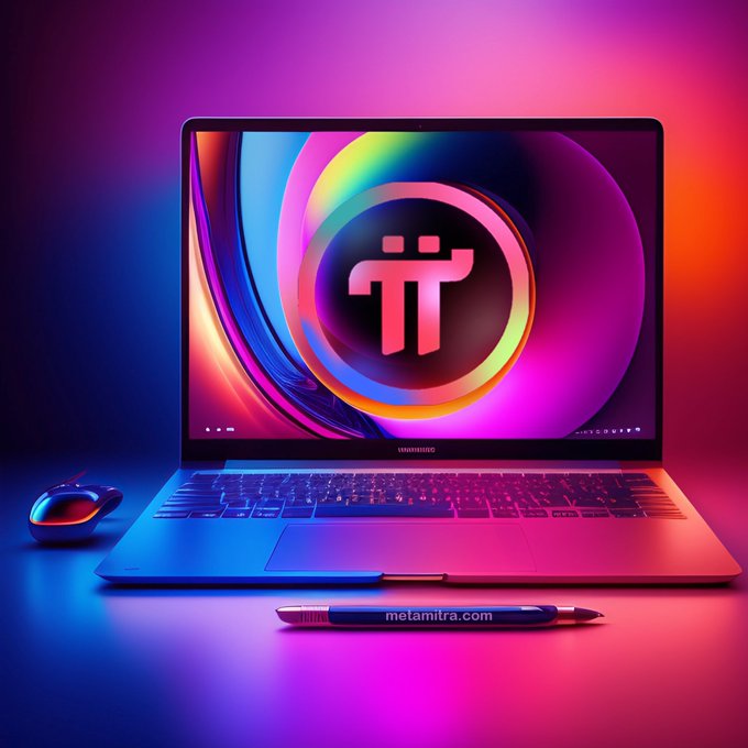 A stylized, colorful digital illustration of a laptop displaying a Pi cryptocurrency logo on its screen, accompanied by a mouse and pen on a neon-lit desk, with the watermark 'metamitra.com' visible.