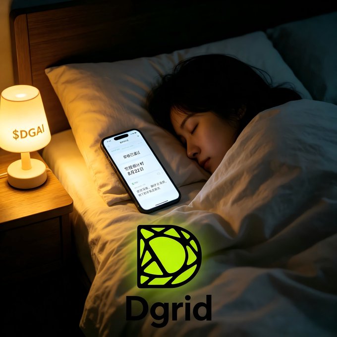 The post relates to the image, which shows someone peacefully asleep next to a phone displaying "$DGAI" and the Dgrid logo, suggesting they can finally rest easy after confirming their $DGAI airdrop eligibility and reviewing the project's promising tokenomics.