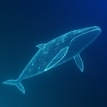 A glowing blue whale composed of digital particles and constellation-like dots swims against a dark blue background.