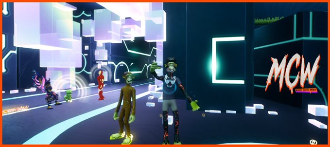 A vibrant, neon-lit 3D animated scene showing various avatars in a futuristic environment with an 'MCW' logo on the right side.