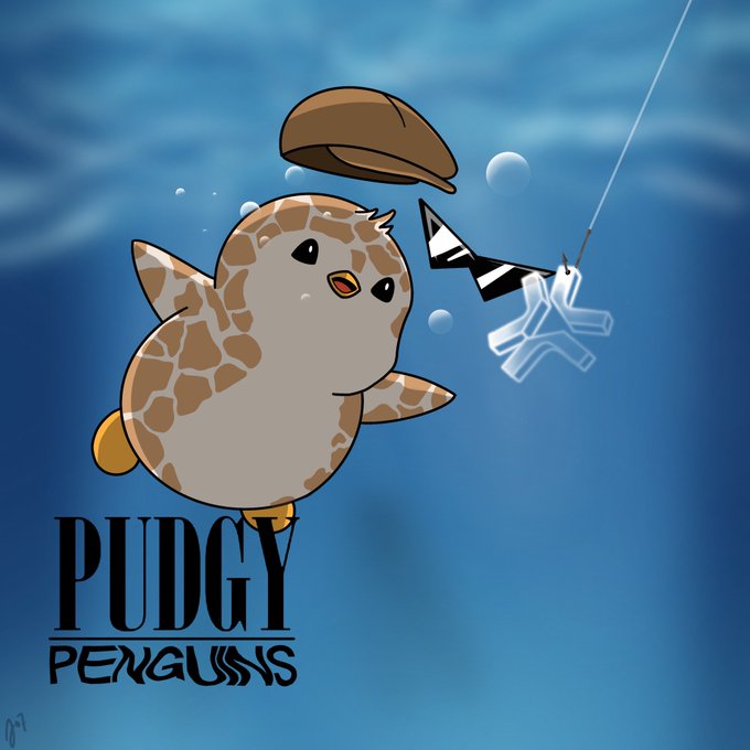 A pudgy penguin with brown spotted plumage swims underwater toward a fishing hook baited with a fish, with the text "PUDGY PENGUINS" displayed below. The image aligns with the love for the Pudgy Penguins NFT brand mentioned in the post.