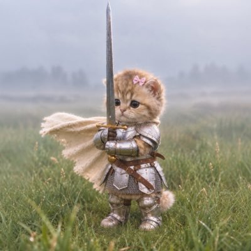 A small kitten dressed in medieval knight armor, holding a sword and wearing a cream-colored cape with a pink bow, stands heroically in a misty grassy field—perfectly fitting the "im assembling a crew" theme as it looks ready to join an adventure alongside other tiny warriors.
