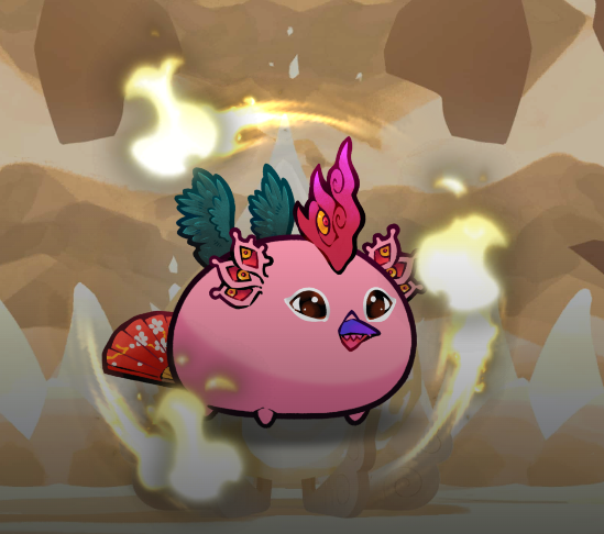 An illustration of a round, pink, bird-like creature with wings, a crest, and a beak, surrounded by swirling fire and smoke effects.