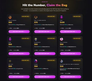 A promotional graphic for YEET showcasing a "Hit the Number, Claim the Bag" campaign with a $1,800 leaderboard and multiple $50 bounties for various tasks like posting tweets, depositing coins, and wagering, aligning with the giveaway announcement featuring a code "Jerzy" for boosted RTP rewards.