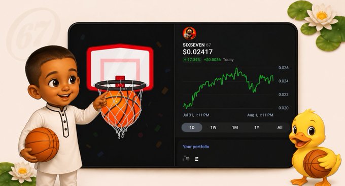 A cartoon boy in white traditional clothing holds a basketball next to a screen displaying a 'SIXSEVEN' coin price chart at $0.02417 with a yellow duck mascot.