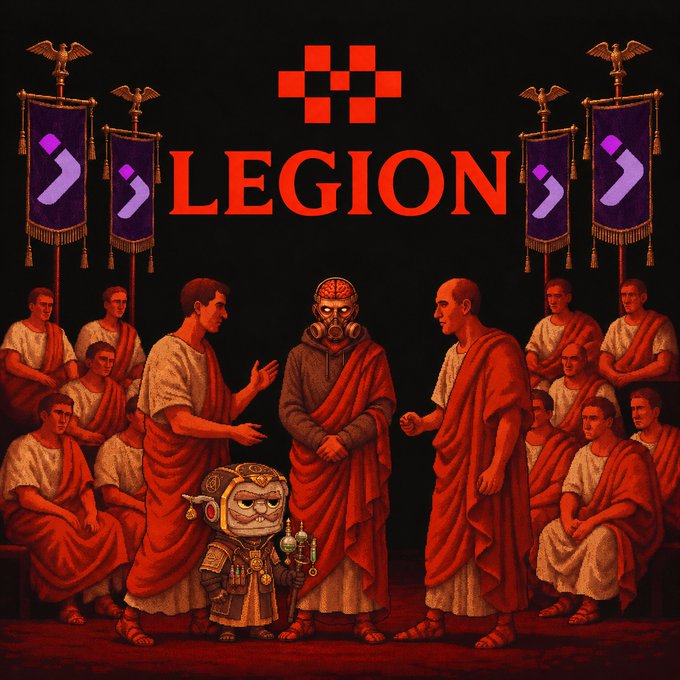 A satirical illustration titled "LEGION" depicts a Roman senate-style scene with figures in red togas, where the central figures are replaced by modern crypto mascots—including a brain-headed gas mask character and a costumed NFT avatar—mirroring the post's theme of rallying a "legion" of crypto investors around its bag of altcoins like $WHUF, $JUMP, and NFT flips.