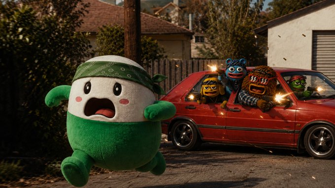 A green and white plush character wearing a bandana runs in panic toward the camera, while other plush characters in a red car behind it appear to be shooting.