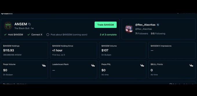 Dashboard showing $ANSEM token holdings worth $115.93 from 389.88M $ANSEM, held for less than 1 hour, with 2 of 3 tasks complete for a user with 71 followers.