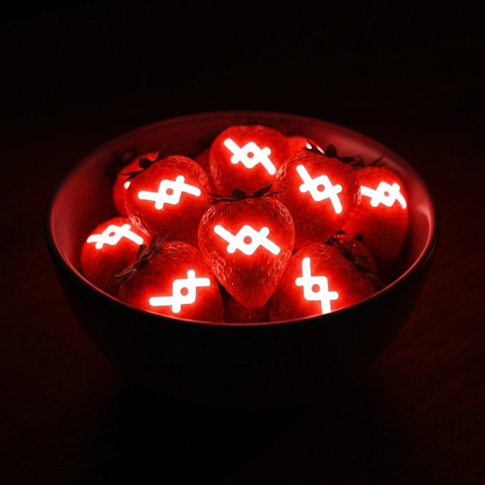 A dark bowl contains strawberries illuminated with red light, each displaying a glowing cryptocurrency symbol (XRP, Tezos, etc.) on its surface.