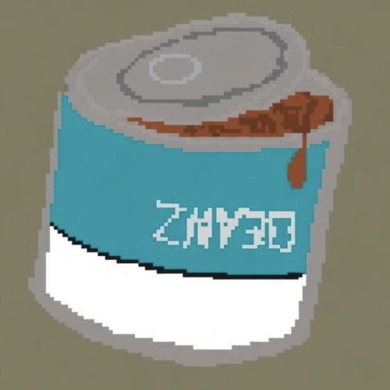 A pixel art dented and rusting tin can with a blue label reading "DENAZ" appears, seemingly representing the dilapidated Heinz beans can referenced in the surreal, intoxicated narrative of being trapped and tangled within absurd objects.