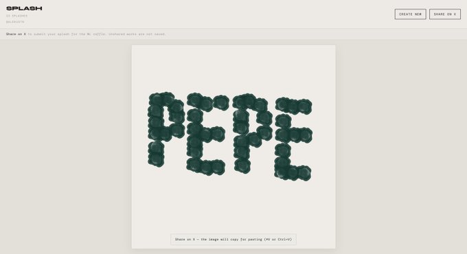 A web interface for 'SPLASH' with instructions to 'Share an X to select your splash! for the X .txt file, unshared works are not saved,' displaying the text 'PFFF' spelled out in dark green bubble/circle shapes on a white background.