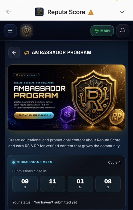 Screenshot of the Reputa Score Ambassador Program page showing 'Submissions Open' for Cycle 4 with a countdown timer at 09 days, 11 hours, 01 minute, 08 seconds.