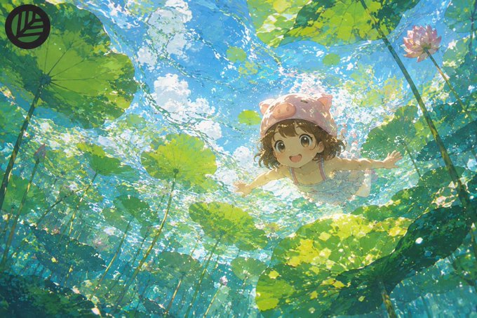 An anime-style illustration of a young girl with brown hair wearing a pink pig hat, swimming underwater among large green lotus leaves.