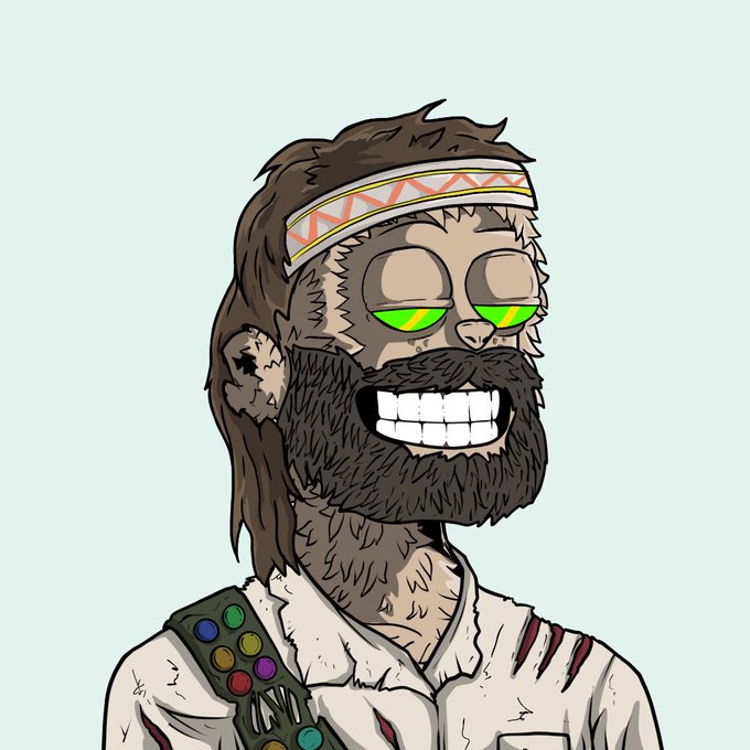 A cartoon illustration of a bearded man with green eyes wearing a patterned headband and holding a paint palette, resembling a rugged artist.