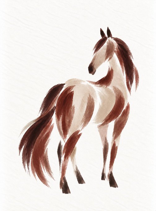 A watercolor-style digital painting of a brown and white horse standing against a plain off-white background.